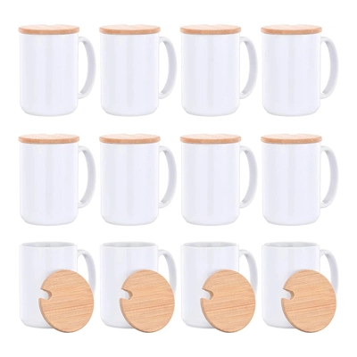 15 OZ昇華マグカップブランク竹ふた付きホワイトコーヒーマグ昇華用