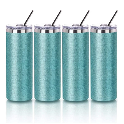 20 OZ昇華ブランクキラキラスキニータンブラーグリーンメタルストロー付き